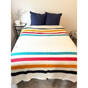 Baron Woolen Mills Vintage Wool Blanket Multi Stripe Western Cabincore 7' x 6.5'